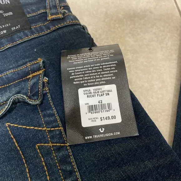 $149 NEW True Religion Ricky Flap Men's 42x32 Relaxed Straight Jeans Last Call
